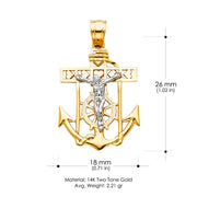 14K Gold Jesus Crucifix Anchor Charm Pendant with 1.4mm Round Wheat Chain Necklace