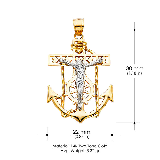 14K Gold Jesus Crucifix Anchor Religious Pendant