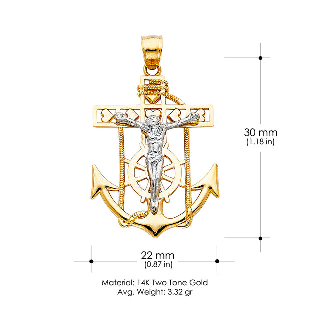 14K Gold Jesus Crucifix Anchor Charm Pendant with 1.4mm Round Wheat Chain Necklace