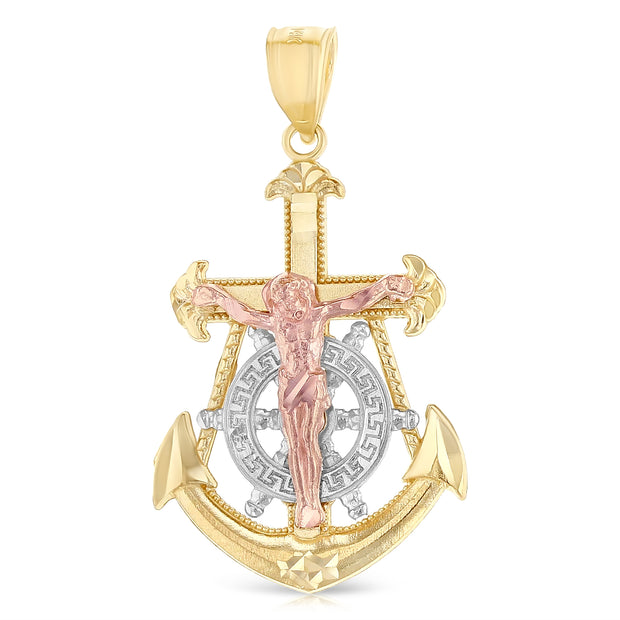 14K Gold Jesus Crucifix Anchor Religious Charm Pendant with 1.2mm Box Chain Necklace