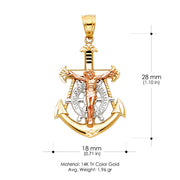 14K Gold Jesus Crucifix Anchor Pendant with 2.3mm Hollow Cuban Chain