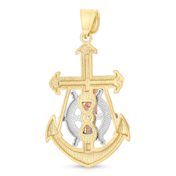 14K Gold Jesus Crucifix Anchor Charm Pendant with 1.1mm Wheat Chain Necklace