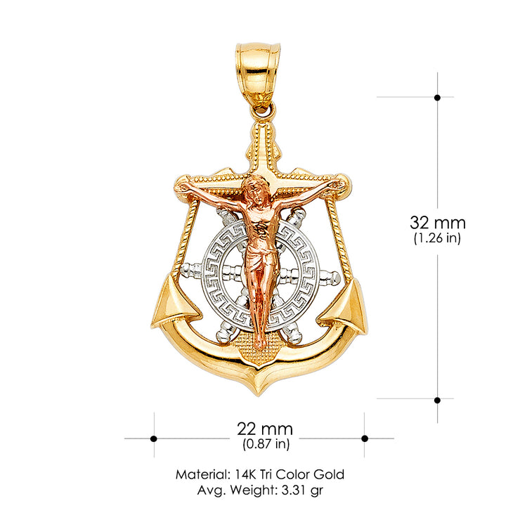 14K Gold Jesus Crucifix Anchor Religious Pendant