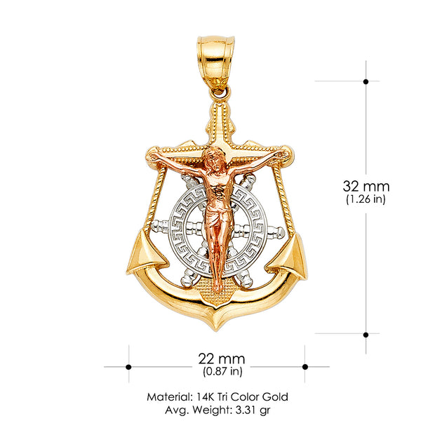 14K Gold Jesus Crucifix Anchor Charm Pendant with 1.1mm Wheat Chain Necklace