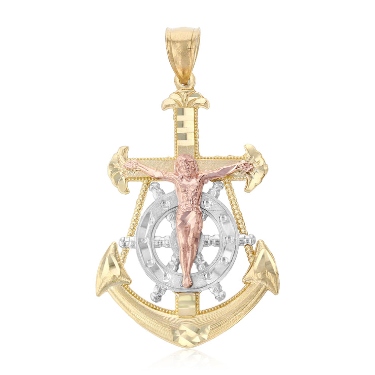 14K Gold Jesus Crucifix Anchor Pendant with 3.3mm Valentino Star Diamond Cut Chain