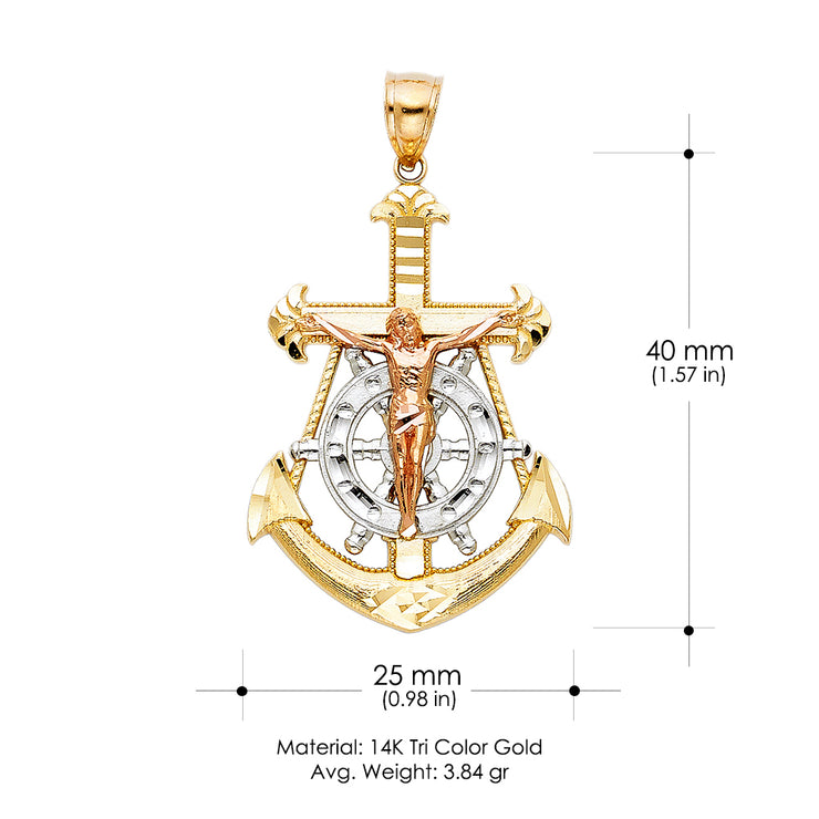 14K Gold Jesus Crucifix Anchor Pendant with 3.3mm Valentino Star Diamond Cut Chain