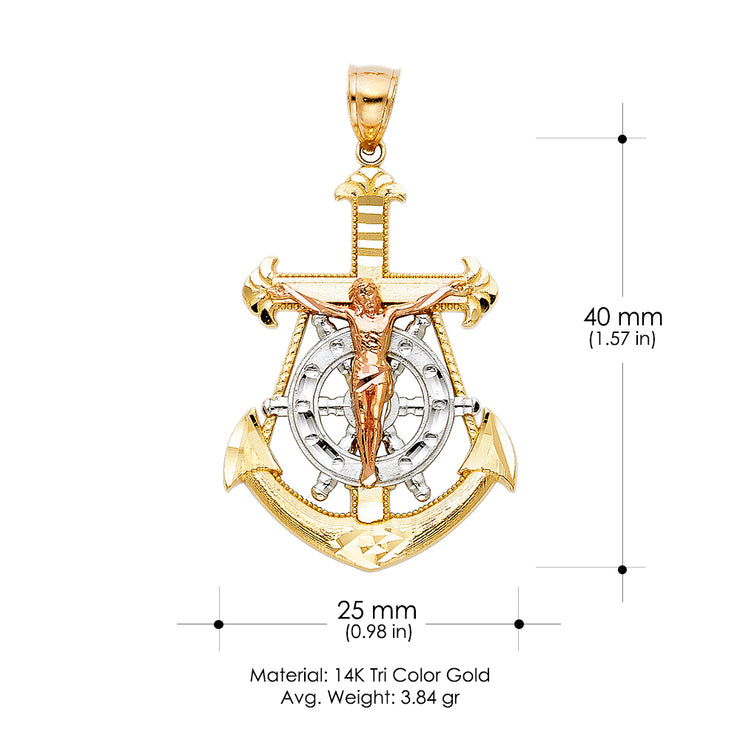 14K Gold Jesus Crucifix Anchor Pendant with 3.4mm Hollow Cuban Chain