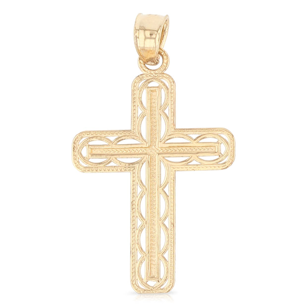 14K Gold Cross Charm Pendant with 1.1mm Wheat Chain Necklace