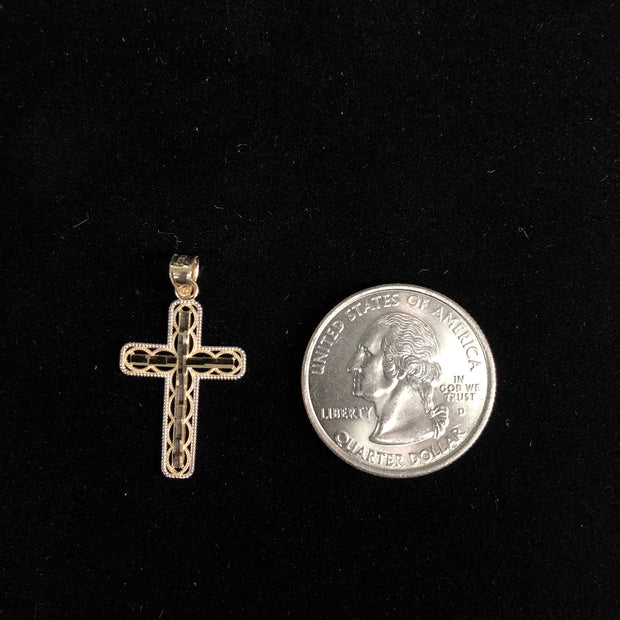 14K Gold Cross Charm Pendant with 1.1mm Wheat Chain Necklace