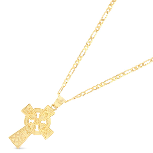 14K Gold Celtic Cross Pendant with 2.3mm Figaro 3+1 Chain