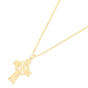 14K Gold Celtic Cross Pendant with 1.5mm Flat Open Wheat Chain