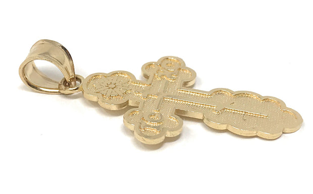 14K Gold St. Olga Greek Orthodox Baptismal Cross Charm Pendant with 1.1mm Wheat Chain Necklace