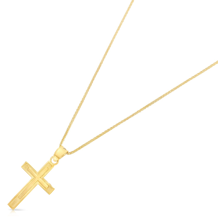 14K Gold Cross Charm Pendant with 0.9mm Wheat Chain Necklace