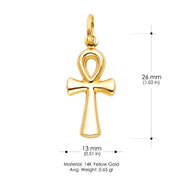 14K Gold Egyptian Ankh Cross Pendant with 1.5mm Flat Open Wheat Chain