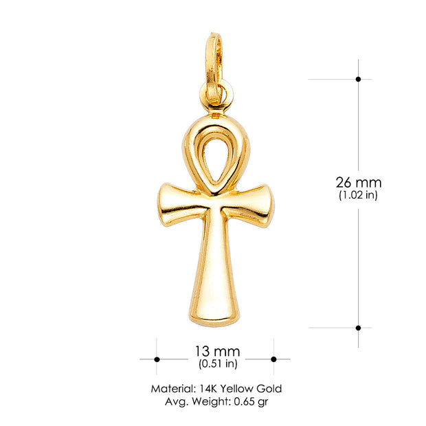 14K Gold Egyptian Ankh Cross Pendant with 1.5mm Flat Open Wheat Chain