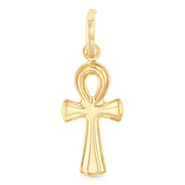 14K Gold Egyptian Ankh Cross Charm Pendant with 0.9mm Wheat Chain Necklace