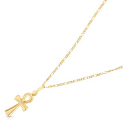 14K Gold Egyptian Ankh Cross Pendant with 1.6mm Figaro 3+1 Chain