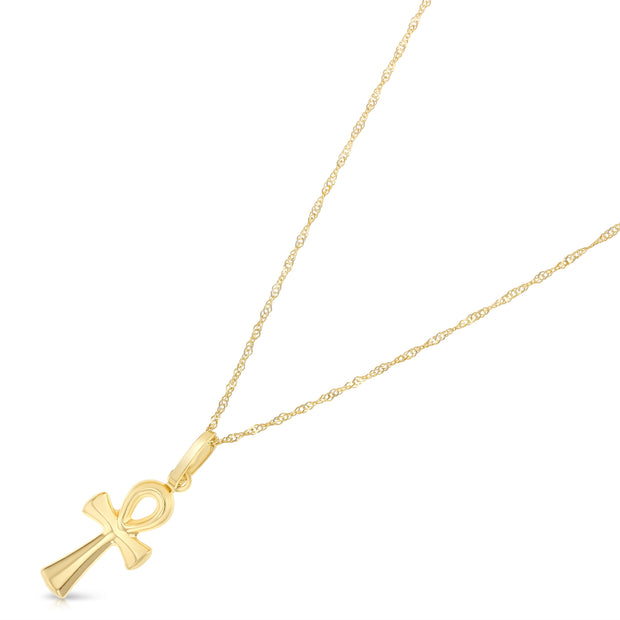 14K Gold Egyptian Ankh Cross Pendant with 0.9mm Singapore Chain