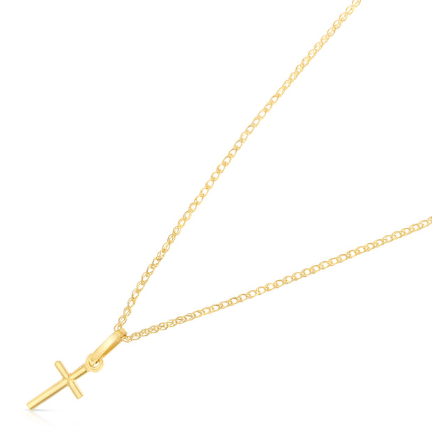 14K Gold Plain Cross Pendant with 1.2mm Flat Open Wheat Chain