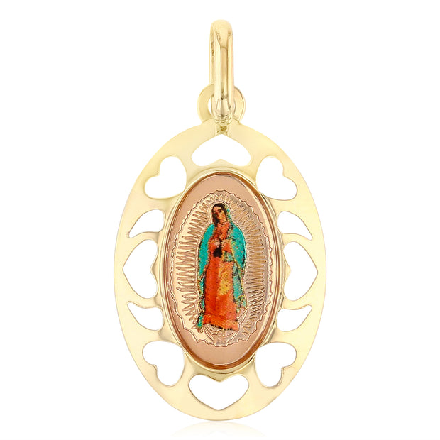 14K Gold Guadalupe Enamel Pendant with 1.2mm Flat Open Wheat Chain