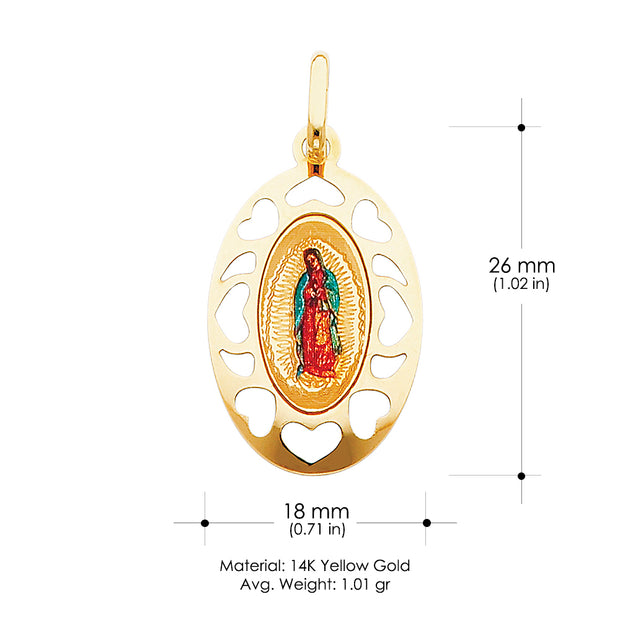 14K Gold Guadalupe Enamel Pendant with 1.2mm Flat Open Wheat Chain