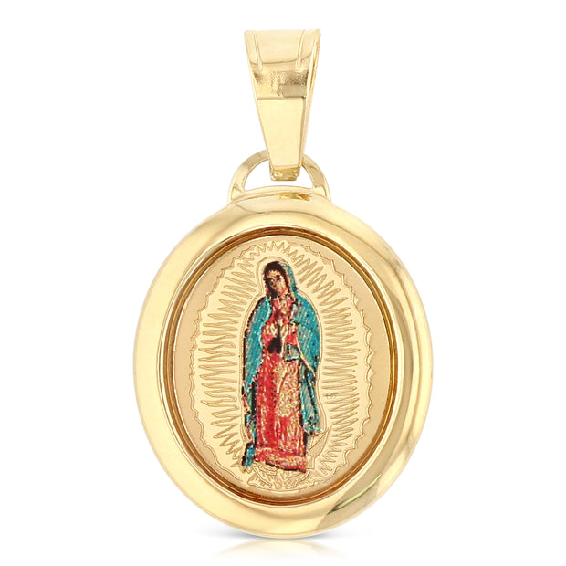 14K Gold Guadalupe Enamel Religious Charm Pendant with 0.8mm Box Chain Necklace