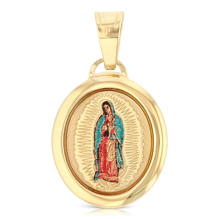 14K Gold Guadalupe Enamel Religious Charm Pendant with 0.8mm Box Chain Necklace