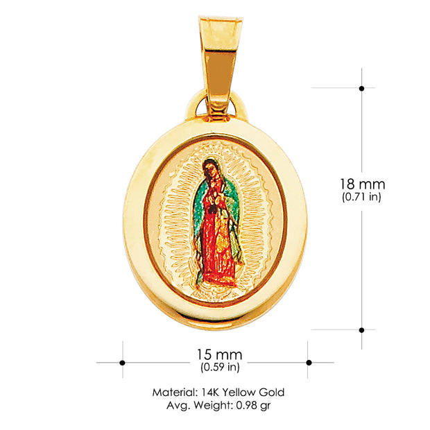 14K Gold Guadalupe Enamel Pendant with 1.2mm Flat Open Wheat Chain