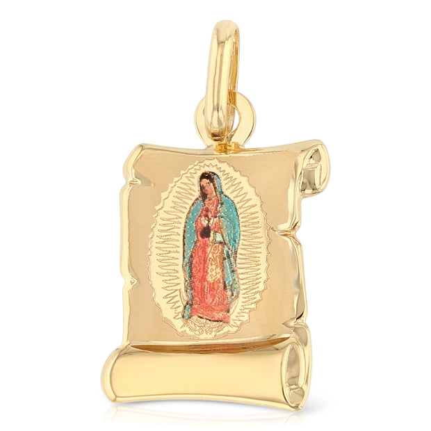 14K Gold Guadalupe Enamel Religious Charm Pendant with 0.8mm Box Chain Necklace
