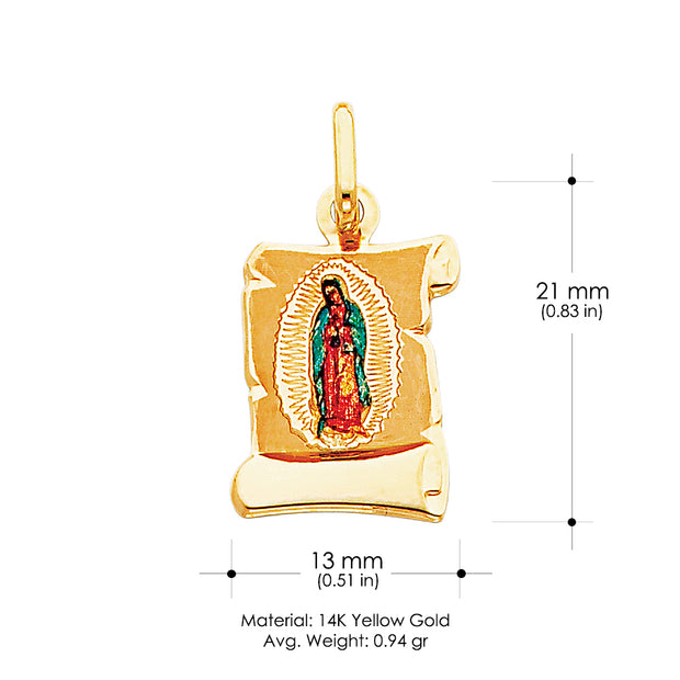 14K Gold Guadalupe Enamel Charm Pendant with 0.9mm Wheat Chain Necklace