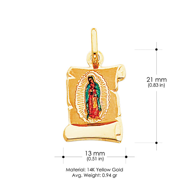 14K Gold Guadalupe Enamel Pendant with 1.2mm Flat Open Wheat Chain