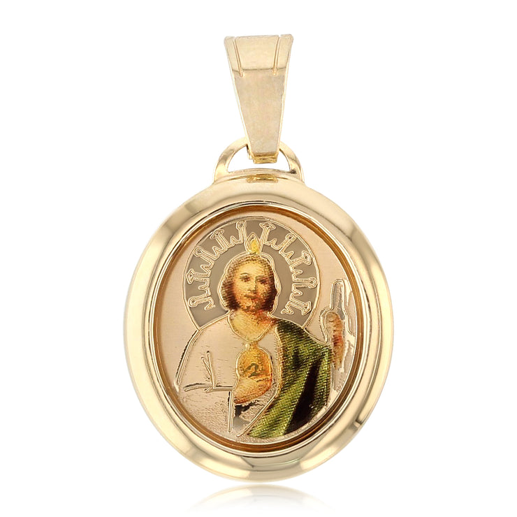 14K Gold St. Jude Enamel Charm Pendant with 0.9mm Wheat Chain Necklace