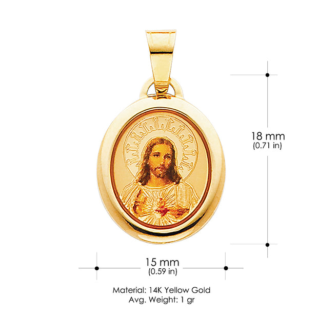 14K Gold Jesus Heart Enamel Pendant with 2mm Figaro 3+1 Chain