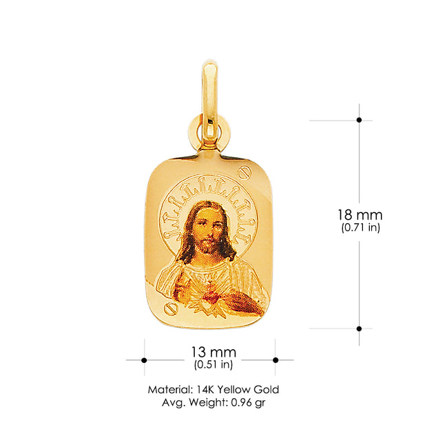 14K Gold Jesus Heart Enamel Charm Pendant with 0.9mm Wheat Chain Necklace
