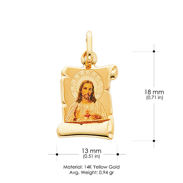 14K Gold Jesus Heart Enamel Pendant with 1.2mm Flat Open Wheat Chain