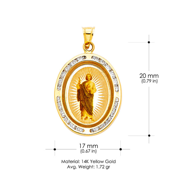 14K Gold St. Jude CZ Pendant with 2.3mm Figaro 3+1 Chain