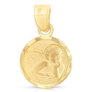 14K Gold Angel Pendant with 1.2mm Flat Open Wheat Chain