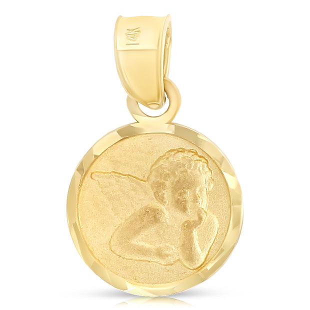 14K Gold Angel Pendant with 1.2mm Flat Open Wheat Chain