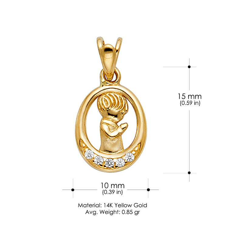 14K Gold CZ Boy Prayer Pendant with 2mm Figaro 3+1 Chain