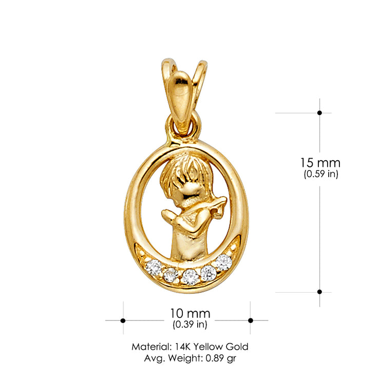 14K Gold CZ Girl Prayer Pendant with 2mm Figaro 3+1 Chain