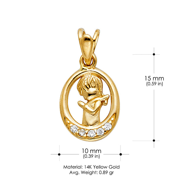 14K Gold CZ Girl Prayer Pendant with 0.9mm Singapore Chain