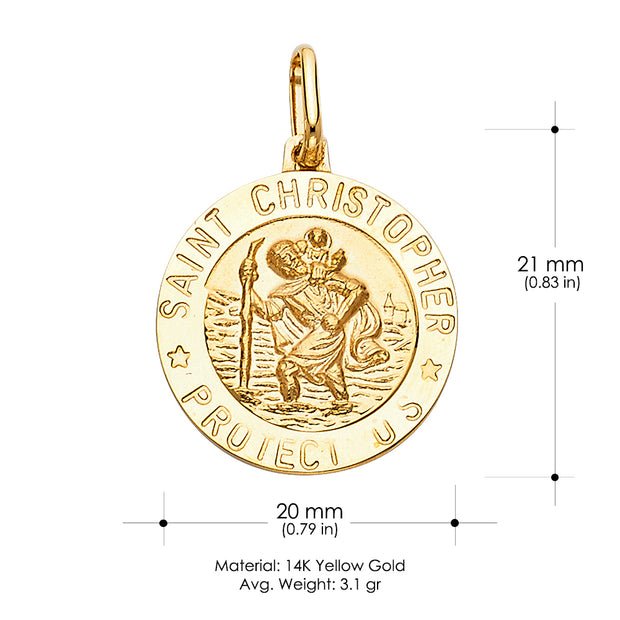 14K Gold St. Christopher Protect Us Charm Pendant with 1.1mm Wheat Chain Necklace