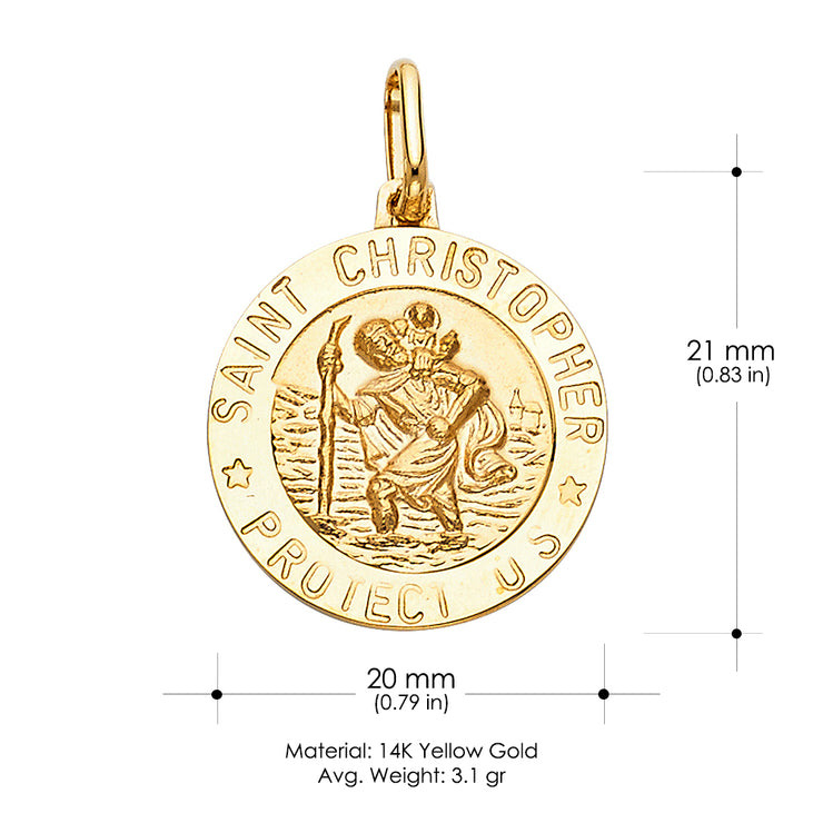 14K Gold St. Christopher Protect Us Pendant with 2.3mm Figaro 3+1 Chain