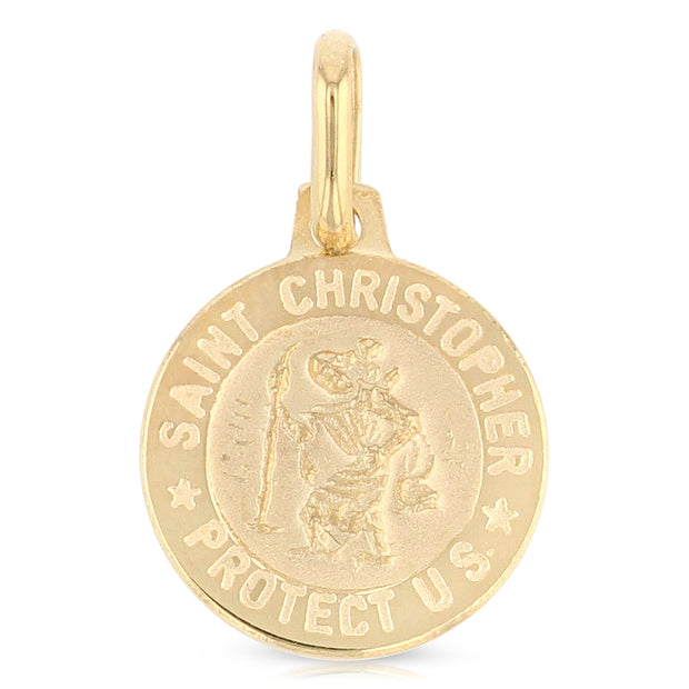 14K Gold St. Christopher Protect Us Charm Pendant with 1.1mm Wheat Chain Necklace