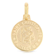 14K Gold St. Christopher Protect Us Pendant with 1.2mm Flat Open Wheat Chain