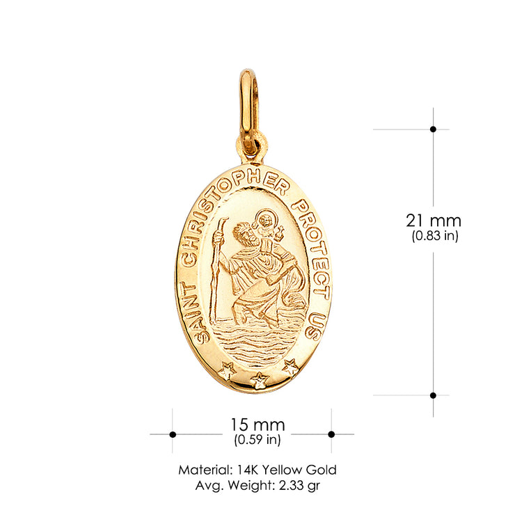 14K Gold St. Christopher Protect Us Charm Pendant with 0.9mm Wheat Chain Necklace