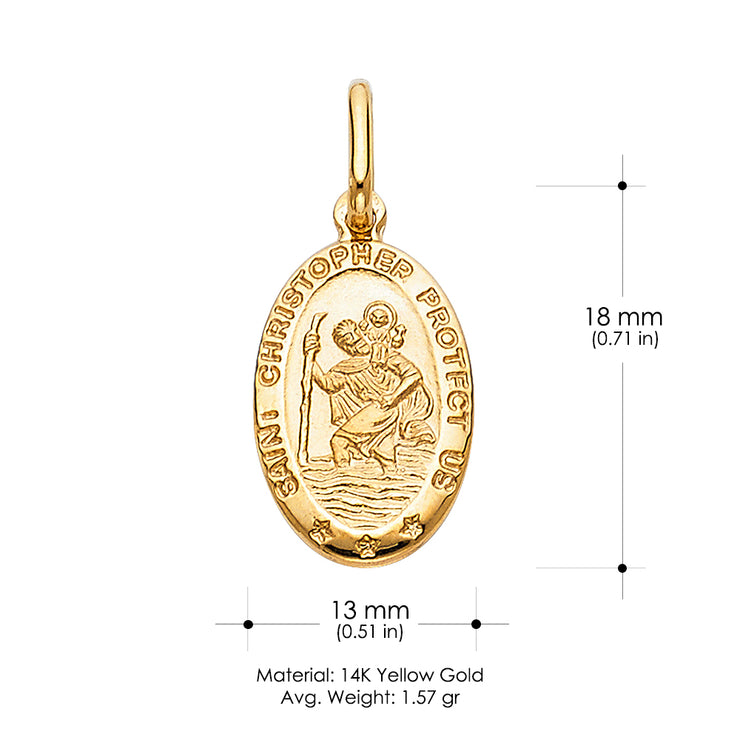 14K Gold St. Christopher Protect Us Charm Pendant with 0.9mm Wheat Chain Necklace