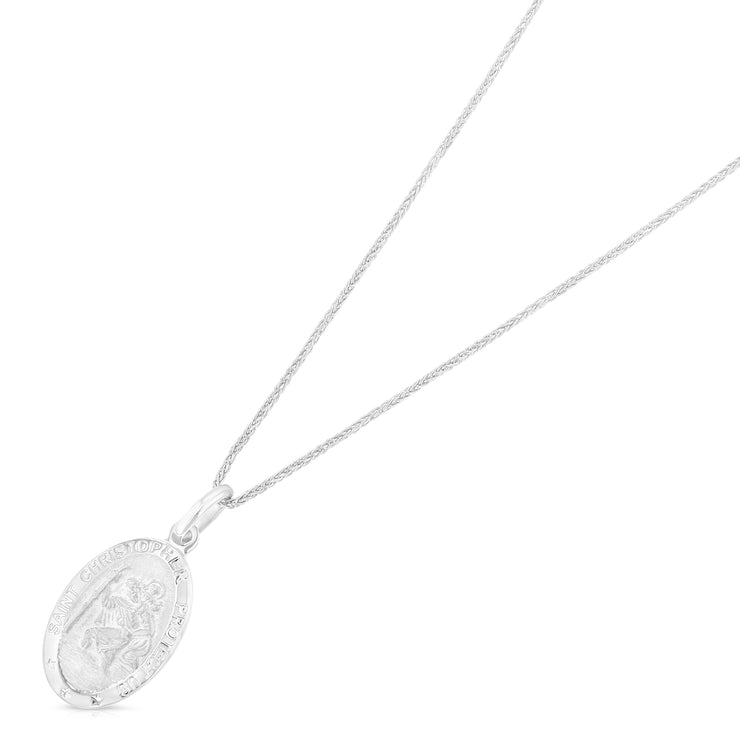 14K Gold St. Christopher Protect Us Charm Pendant with 0.9mm Wheat Chain Necklace