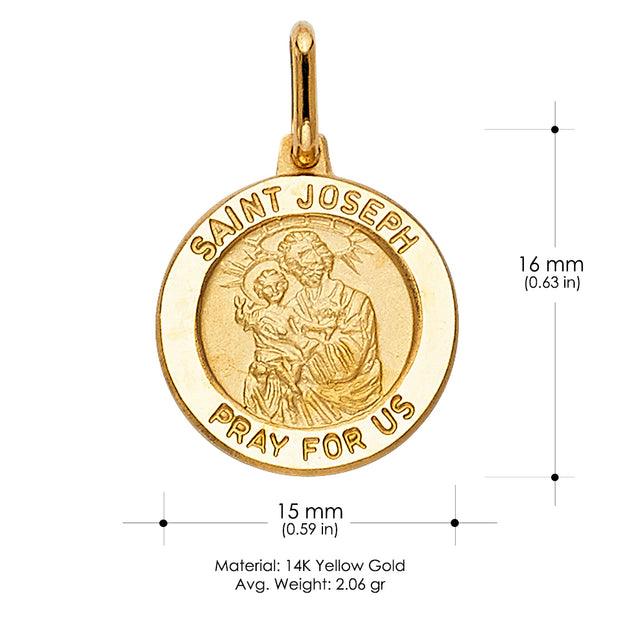 14K Gold St. Joseph Pray For Us Charm Pendant with 0.9mm Wheat Chain Necklace