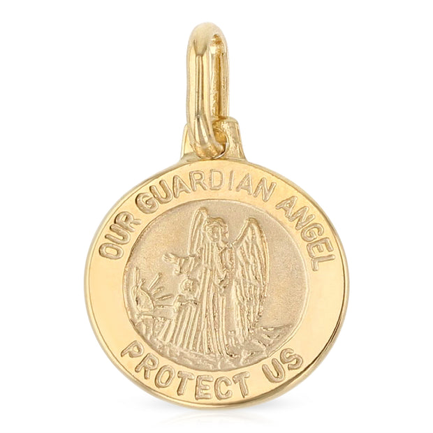14K Gold Our Guardian Angel Protect Us Religious Charm Pendant with 0.8mm Box Chain Necklace